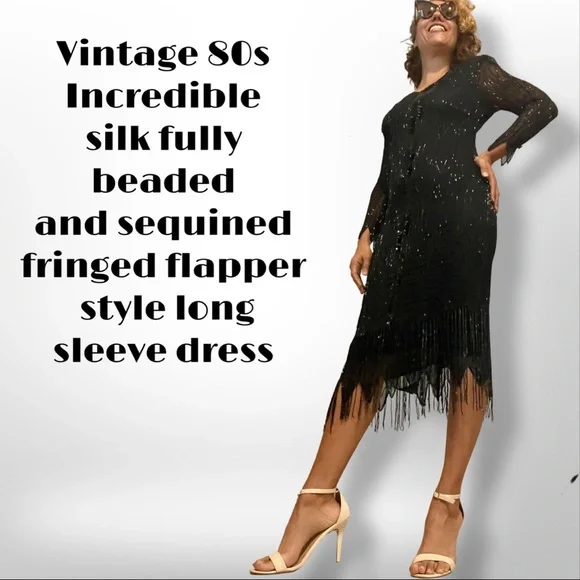 knee length dresses for ladies Incredible 1920s Black Silk Fringed Flapper Dress main image 1